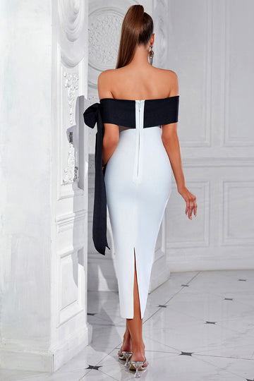 White and Black Bodycon Off The Shoulder Long Prom Dress with Slit